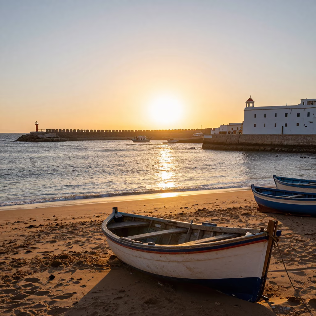 Essaouira Morocco Golden Hour Harbor Scene with Fishing Boats and Breakwater Beacon in in Essaouira, Morocco