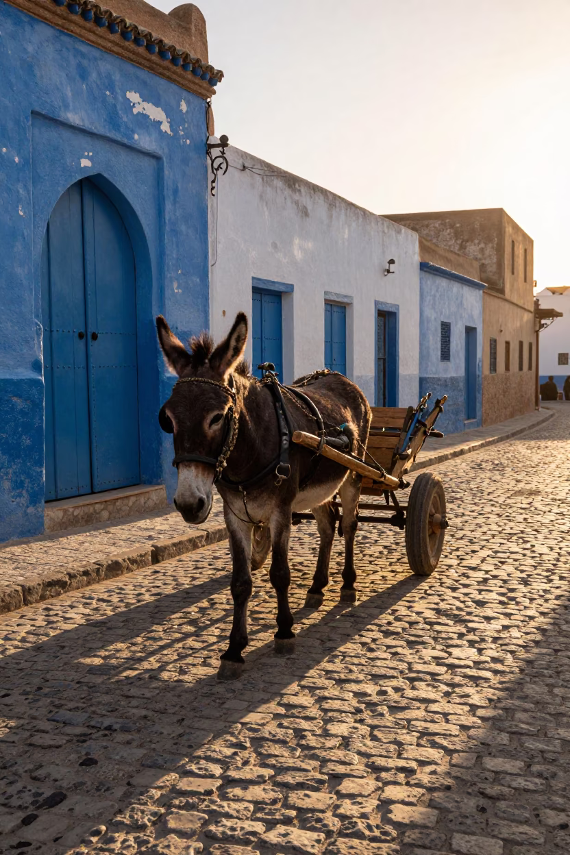 Essaouira Morocco Golden Hour Horse Drawn Cart Cobblestone Street in in Essaouira, Morocco
