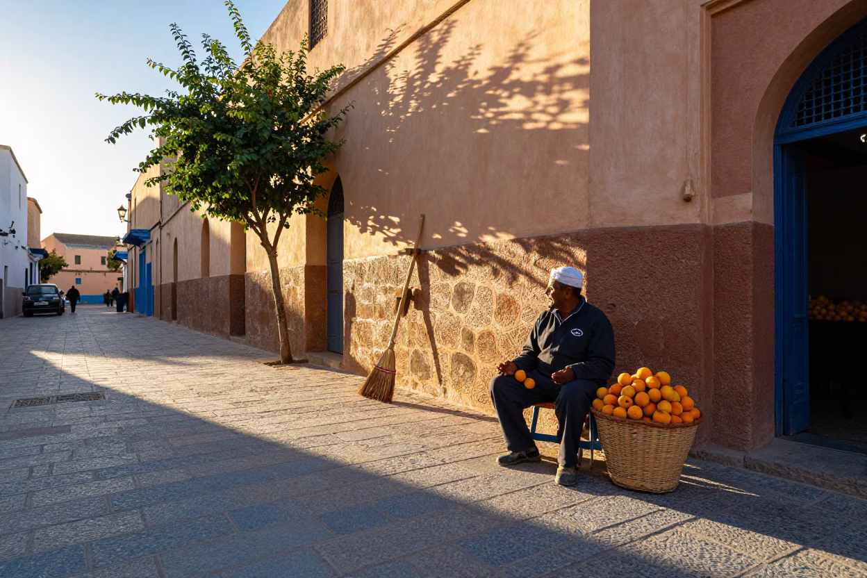 Essaouira Morocco Golden Hour Street Scene with Apricots and Traditional Broom in in Essaouira, Morocco