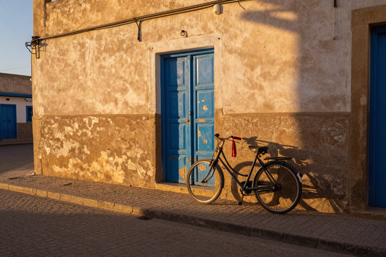 Essaouira Morocco Golden Hour Street Scene with Bicycle and Scarf in in Essaouira, Morocco