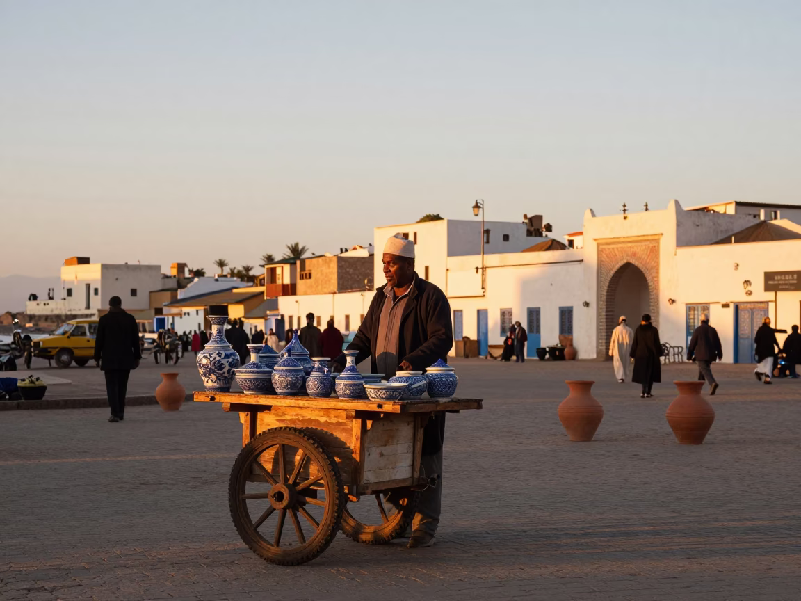 Essaouira Morocco Golden Hour Street Scene with Blue Porcelain and Terracotta Pot in in Essaouira, Morocco