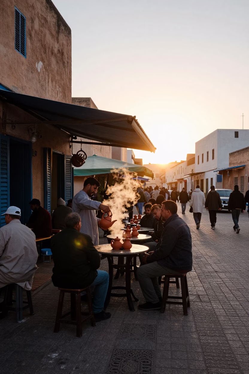 Essaouira Morocco Golden Hour Street Scene with Clay Teapot and Local Interaction in in Essaouira, Morocco