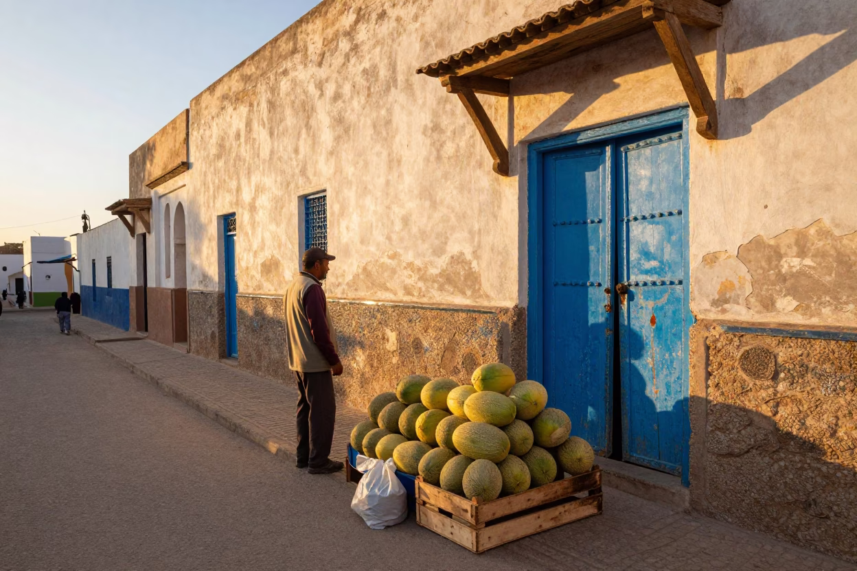 Essaouira Morocco Golden Hour Street Scene with Fresh Melons and Traditional Architecture in in Essaouira, Morocco