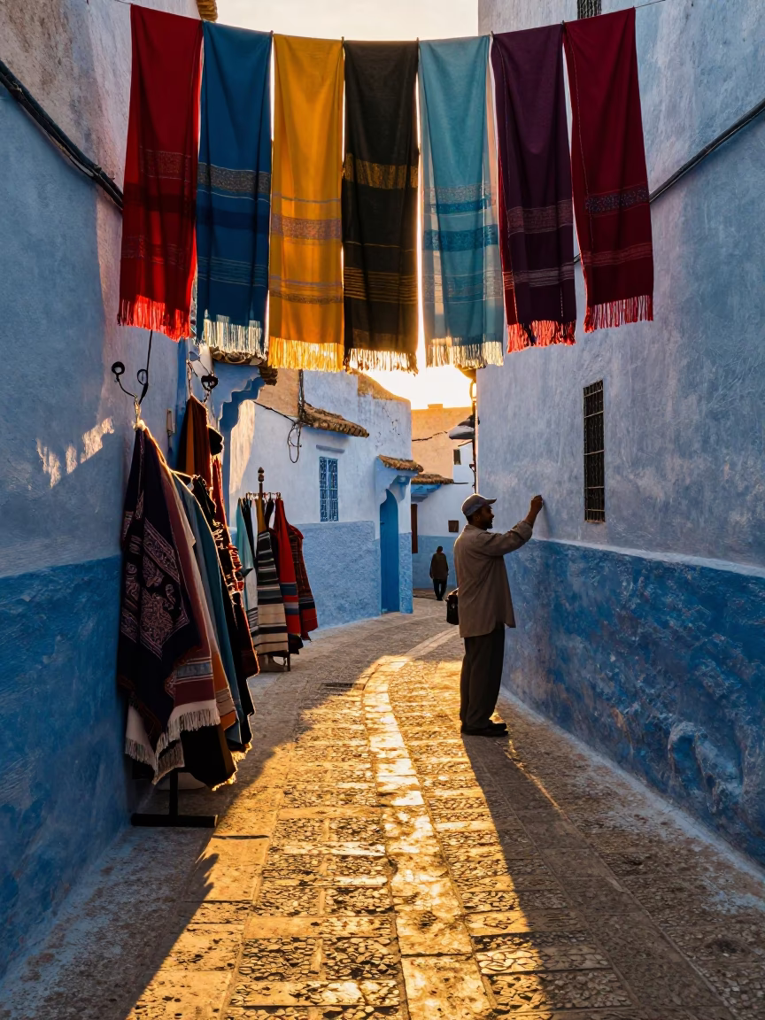 Essaouira Morocco Golden Hour Street Scene with Hanging Scarves in in Essaouira, Morocco
