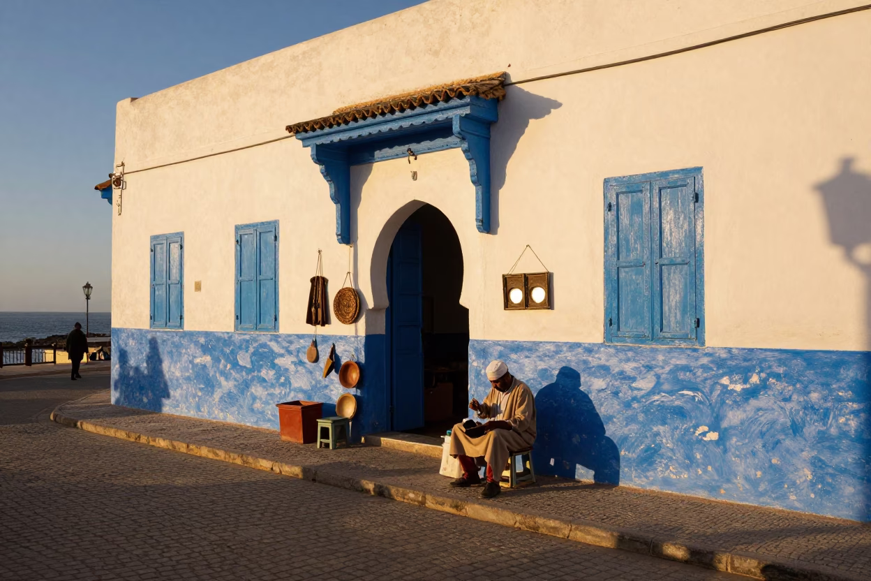 Essaouira Morocco Golden Hour Street Scene with Local Crafts and Coastal Light in in Essaouira, Morocco