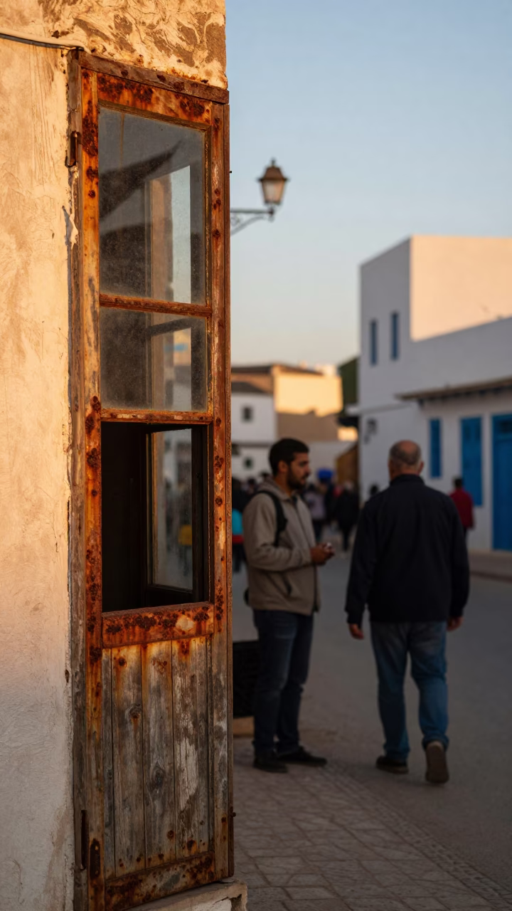 Essaouira Morocco Golden Hour Street Scene with Rusty Window and Local Interaction in in Essaouira, Morocco
