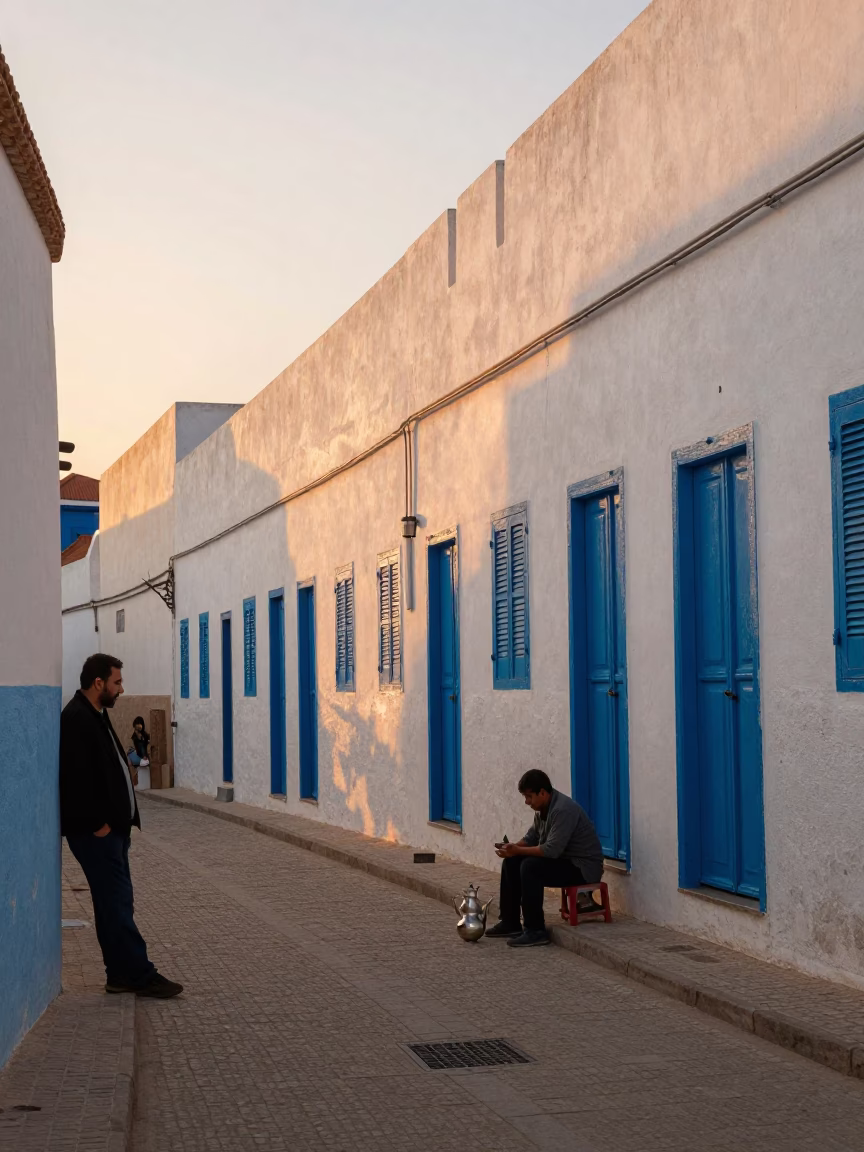 Essaouira Morocco Golden Hour Street Scene with Teapot and Local Interaction in in Essaouira, Morocco