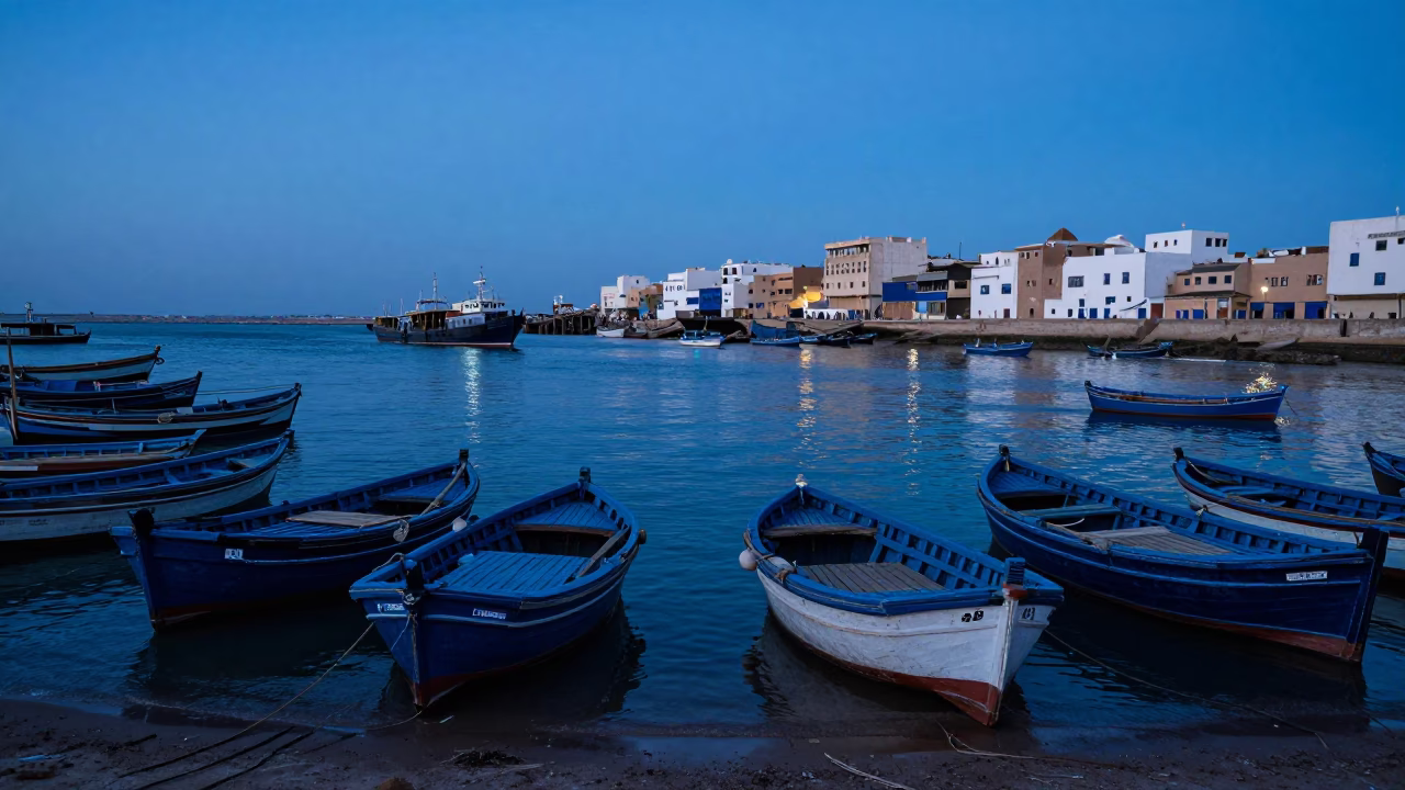Essaouira Morocco Harbor Blue Hour Fishing Boats and Traditional Life in in Essaouira, Morocco