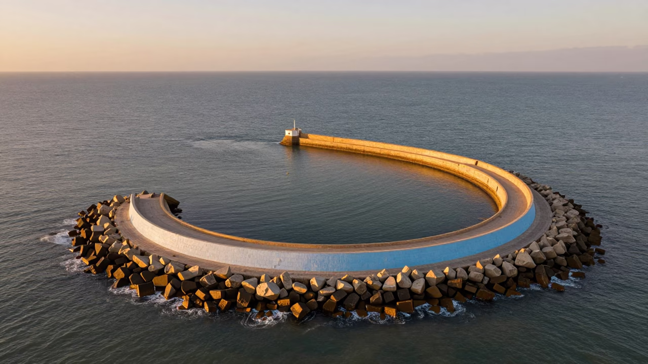 Essaouira Morocco Harbor Breakwater Aerial View in Golden Evening Light in in Essaouira, Morocco