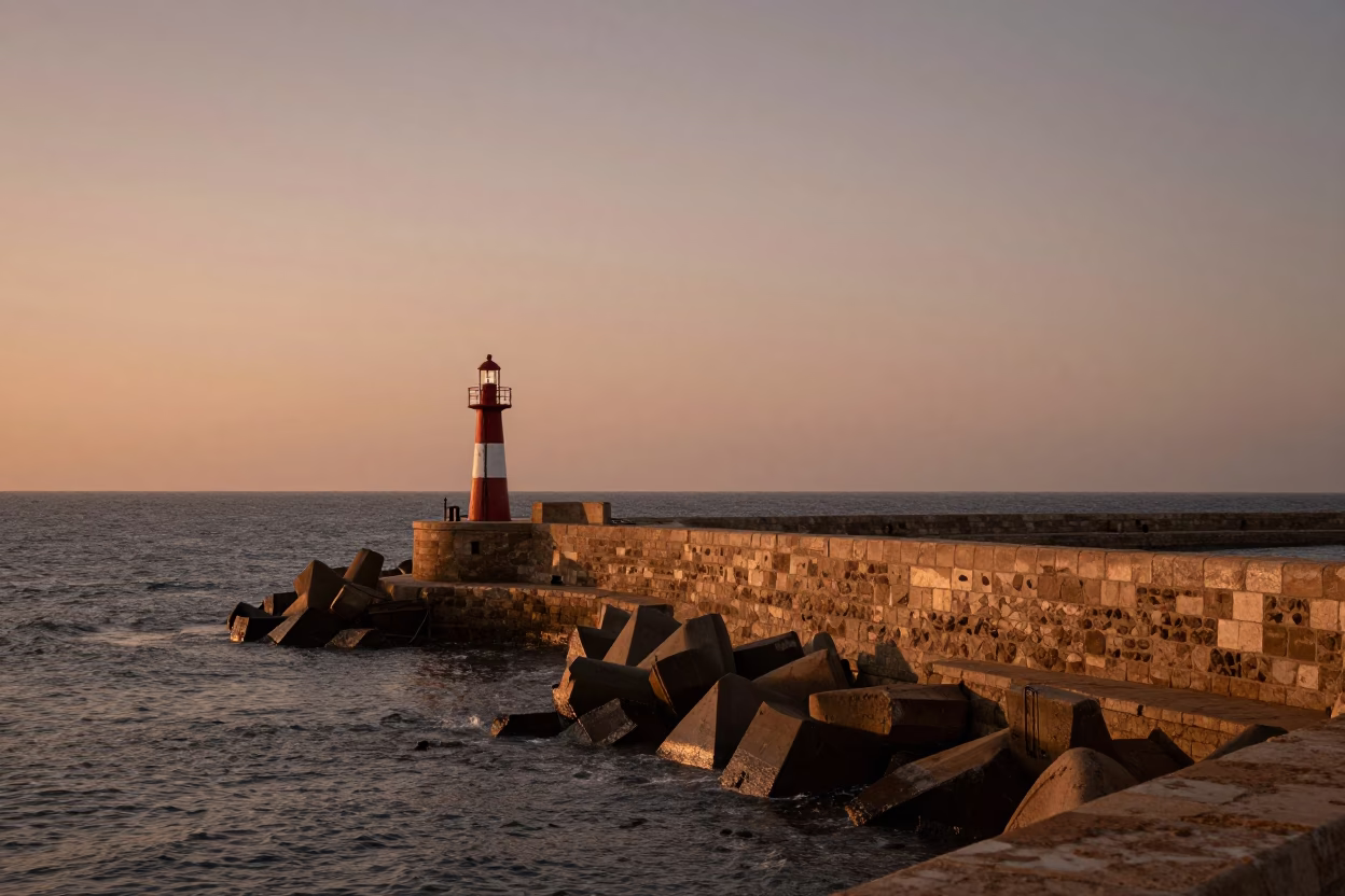 Essaouira Morocco Harbor Breakwater Beacon in Copper Toned Light Before Dusk in in Essaouira, Morocco