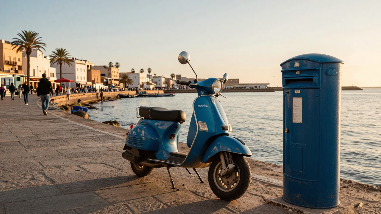 Essaouira Morocco Harbor Promenade Scooter and Mailbox at Golden Hour in in Essaouira, Morocco