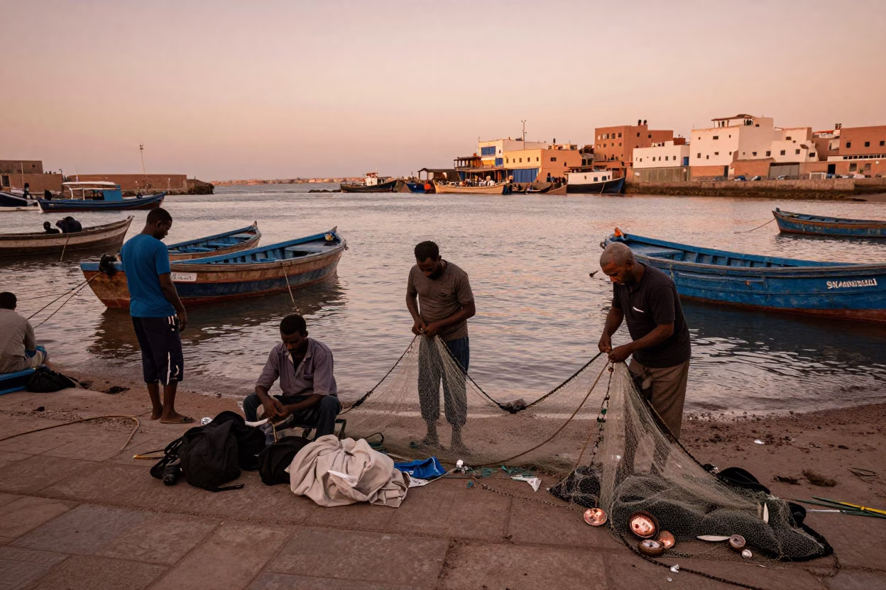 Essaouira Morocco harbor scene with fishermen mending nets in copper dusk light in in Essaouira, Morocco