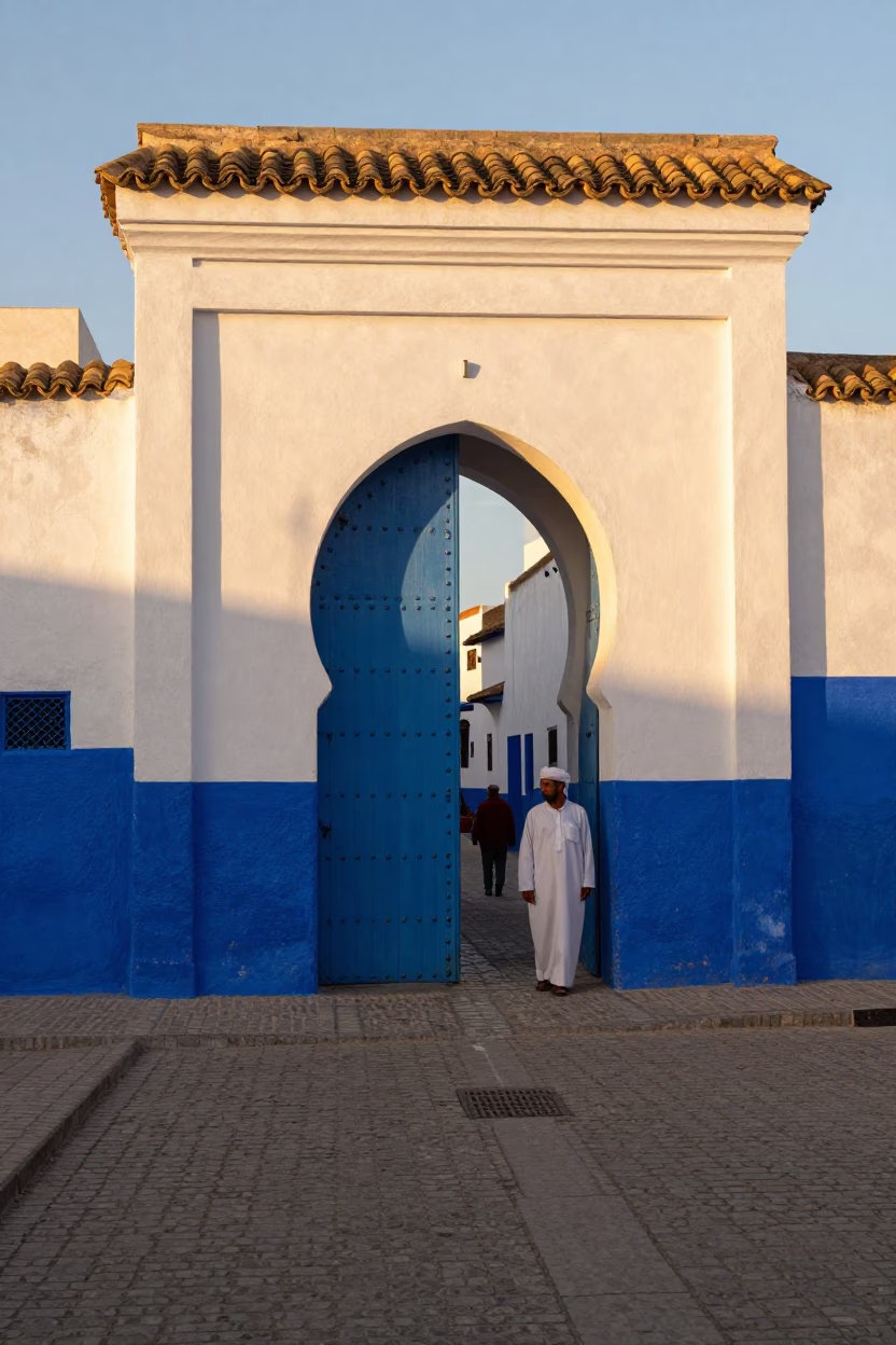 Essaouira Morocco Honeyed Evening Light Blue Gateway Street Scene in in Essaouira, Morocco