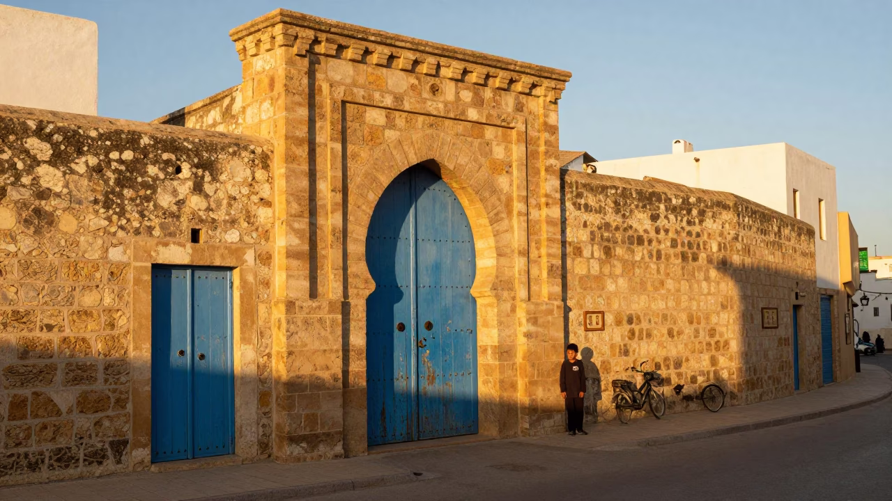 Essaouira Morocco Honeyed Evening Light Blue Port Gateway and Stone Walls in in Essaouira, Morocco