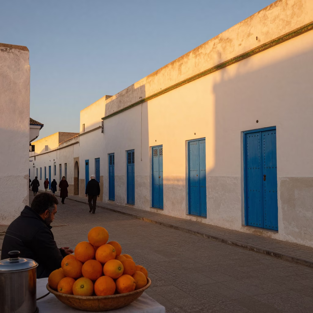 Essaouira Morocco Honeyed Evening Light Street Scene with Local Cuisine in in Essaouira, Morocco