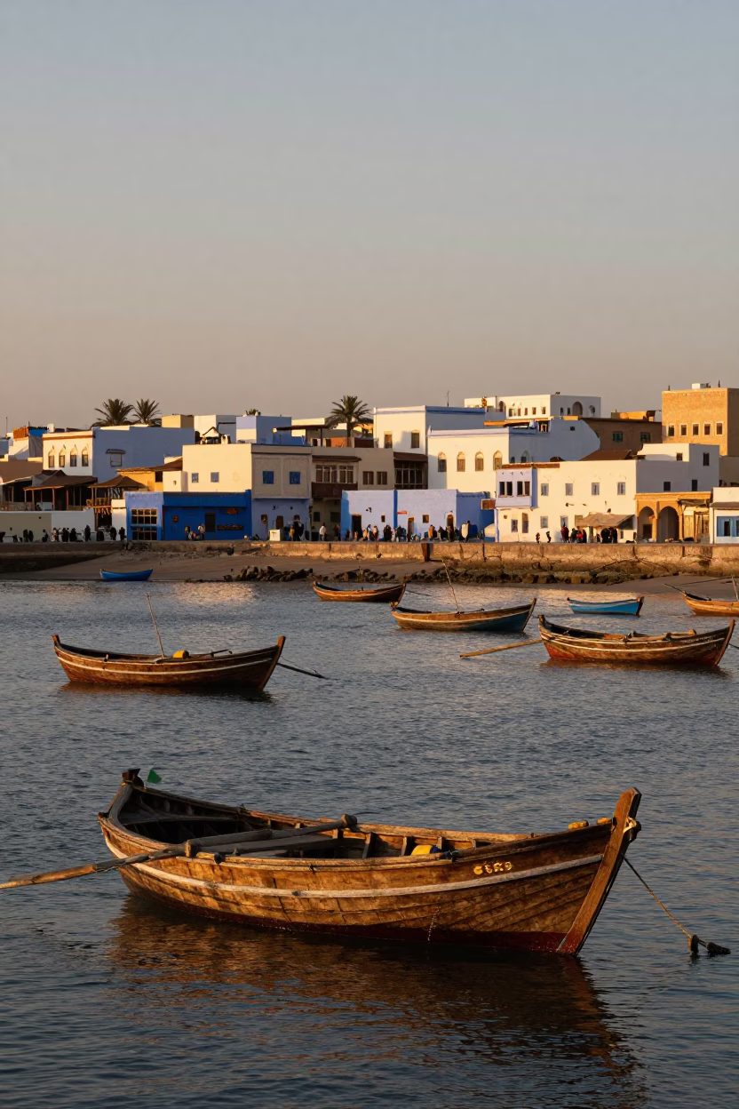 Essaouira Morocco Honeyed Evening Light Traditional Fishing Praus and Harbor Activity in in Essaouira, Morocco