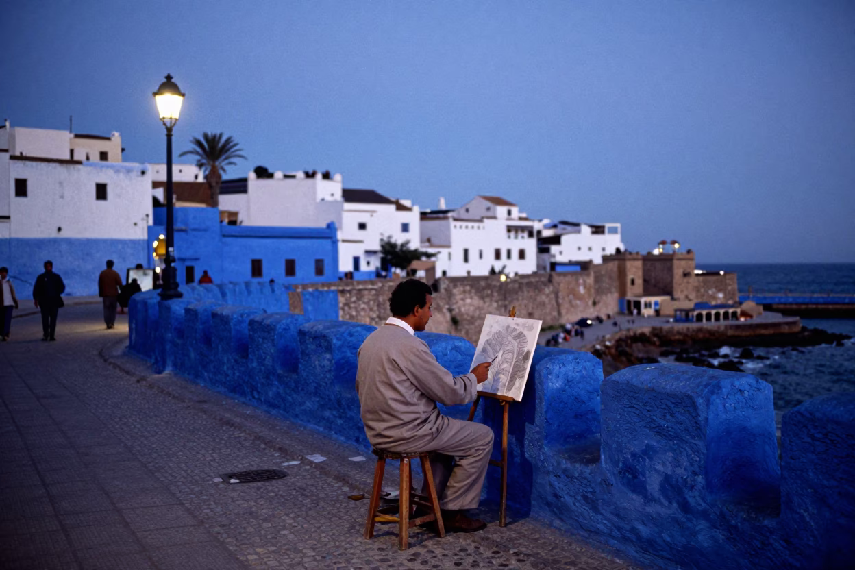 Essaouira Morocco Indigo Twilight Coastal Street Scene with Artist and Mural in in Essaouira, Morocco