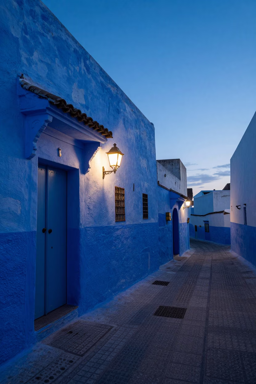 Essaouira Morocco indigo twilight coastal street scene with blue painted doors and lanterns in in Essaouira, Morocco