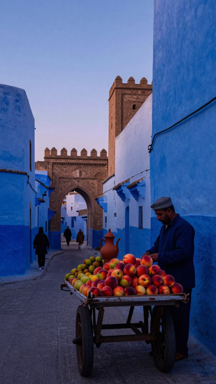 Essaouira Morocco Indigo Twilight Street Scene with Clay Teapot and Colorful Details in in Essaouira, Morocco