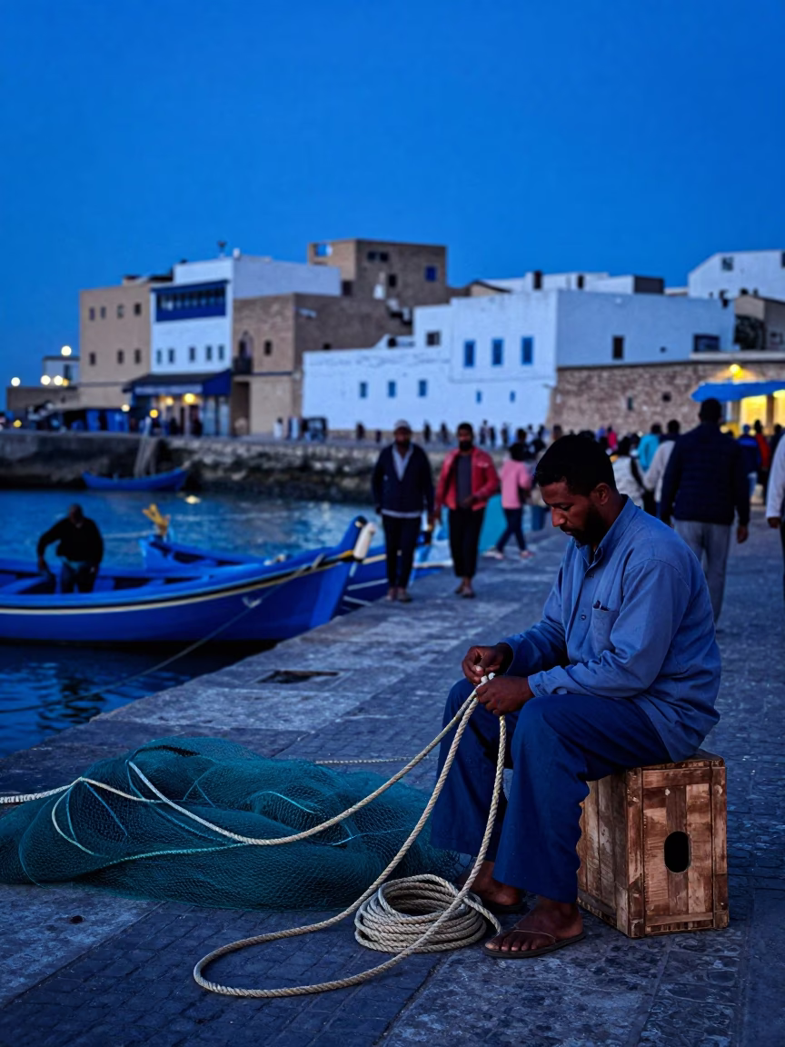 Essaouira Morocco indigo twilight street scene with coiled rope and lampshade in in Essaouira, Morocco