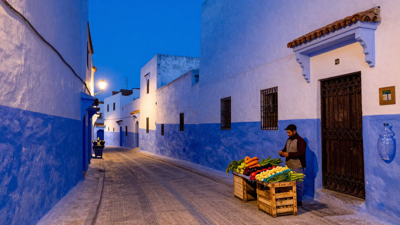 Essaouira Morocco indigo twilight street scene with glass jar and brushed steel reflection in in Essaouira, Morocco