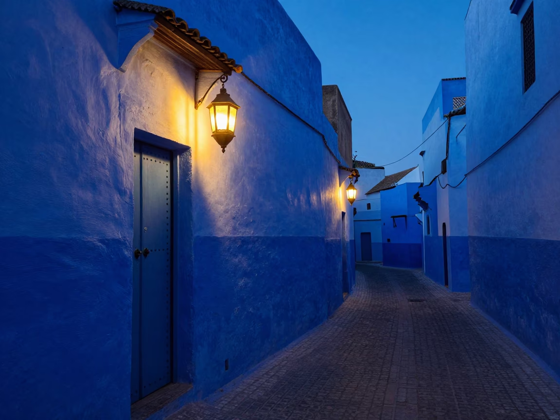 Essaouira Morocco indigo twilight street scene with lantern and traditional café elements in in Essaouira, Morocco