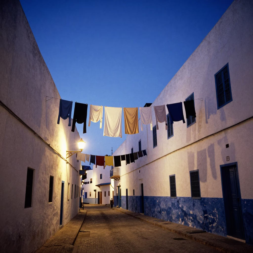 Essaouira Morocco indigo twilight street scene with laundry lines and whitewashed walls in in Essaouira, Morocco