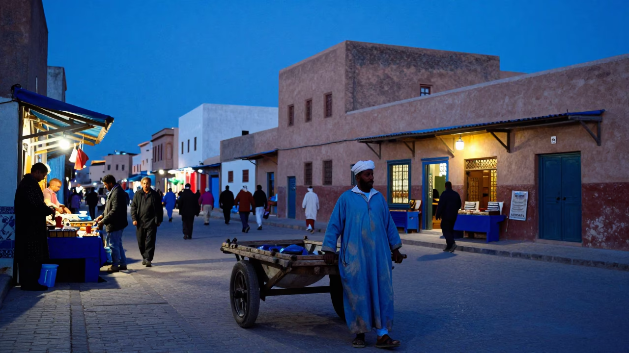 Essaouira Morocco indigo twilight street scene with local artisans and traditional crafts in in Essaouira, Morocco