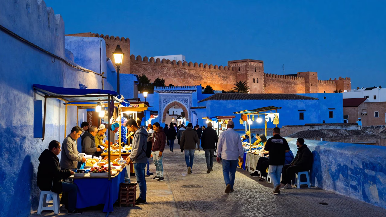 Essaouira Morocco indigo twilight street scene with local vendors and traditional architecture in in Essaouira, Morocco