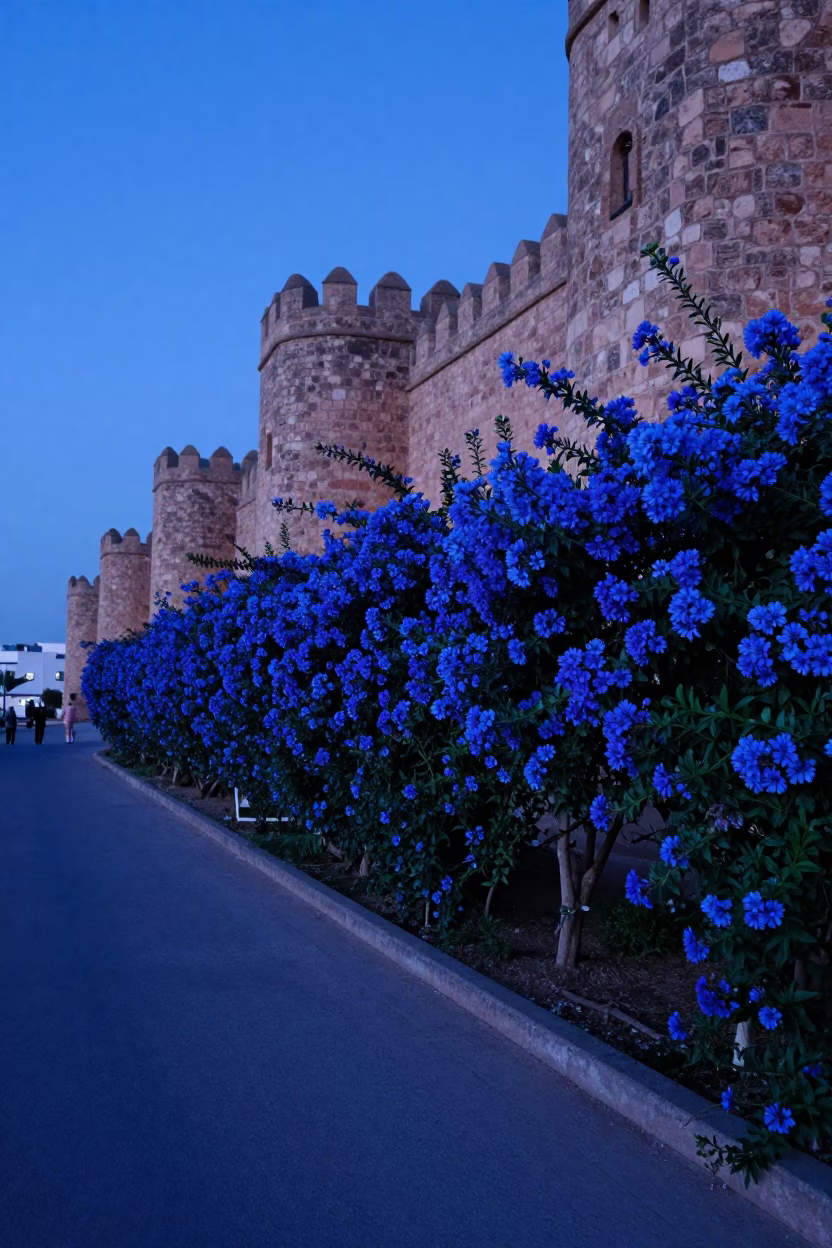 Essaouira Morocco indigo twilight street scene with plumbago hedge and local interaction in in Essaouira, Morocco