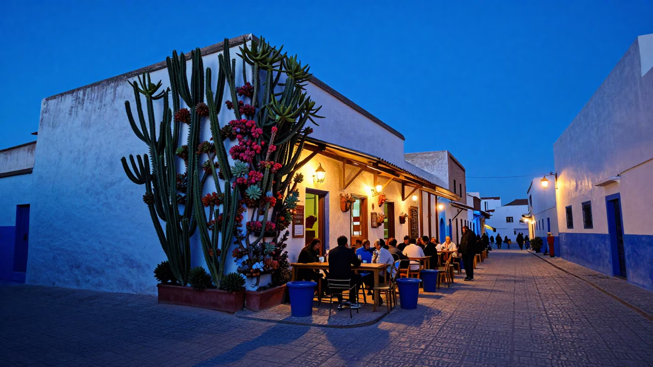 Essaouira Morocco indigo twilight street scene with succulent cafe wall and local life in in Essaouira, Morocco