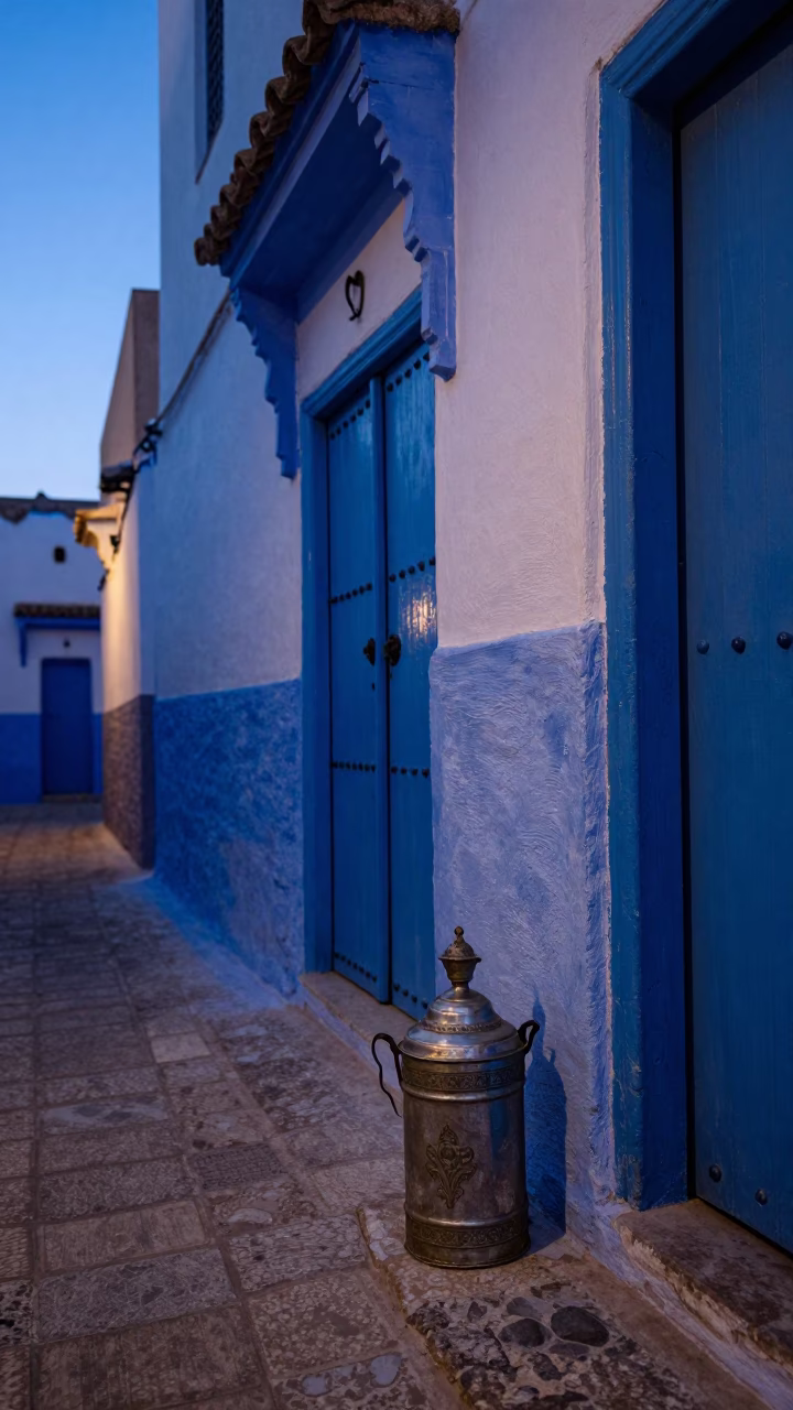 Essaouira Morocco Indigo Twilight Street Scene with Tiffin Tin in in Essaouira, Morocco