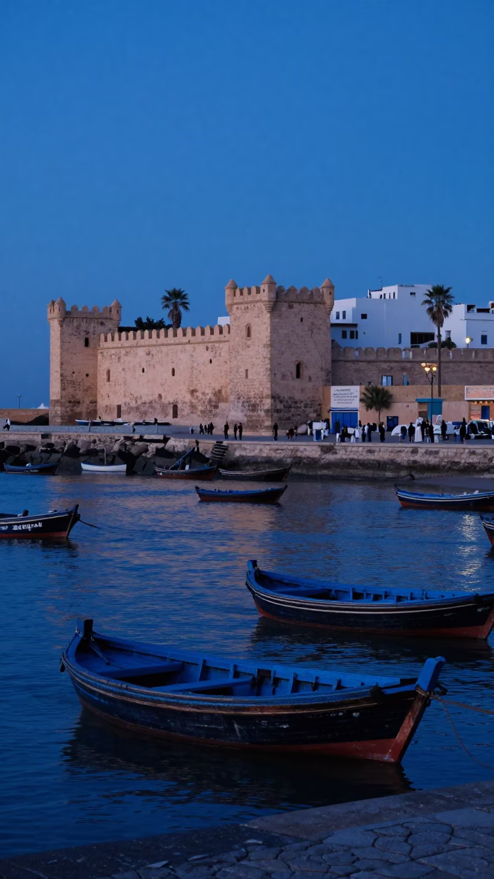 Essaouira Morocco indigo twilight street scene with traditional dhow boats and coastal salt production in in Essaouira, Morocco