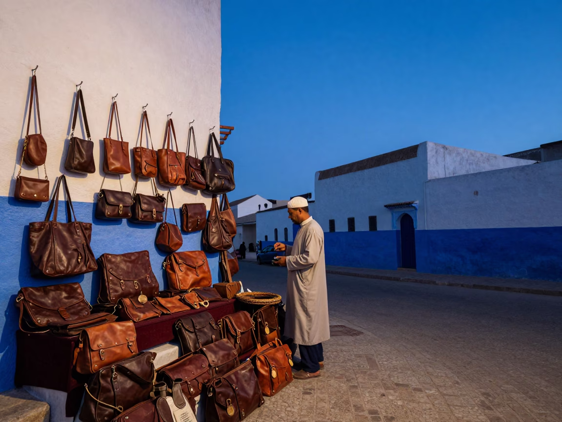 Essaouira Morocco indigo twilight street scene with vintage leather goods and local architecture in in Essaouira, Morocco