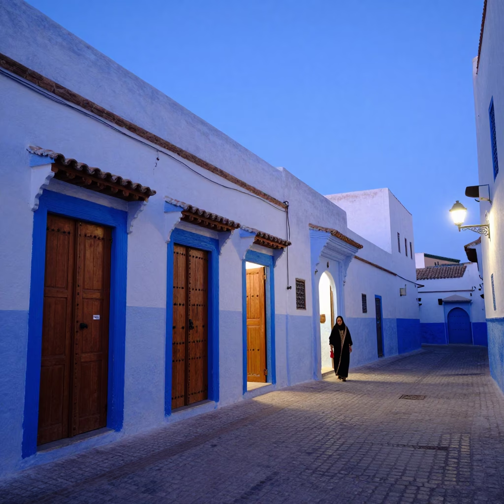 Essaouira Morocco indigo twilight street scene with wooden doors and hanging laundry in in Essaouira, Morocco