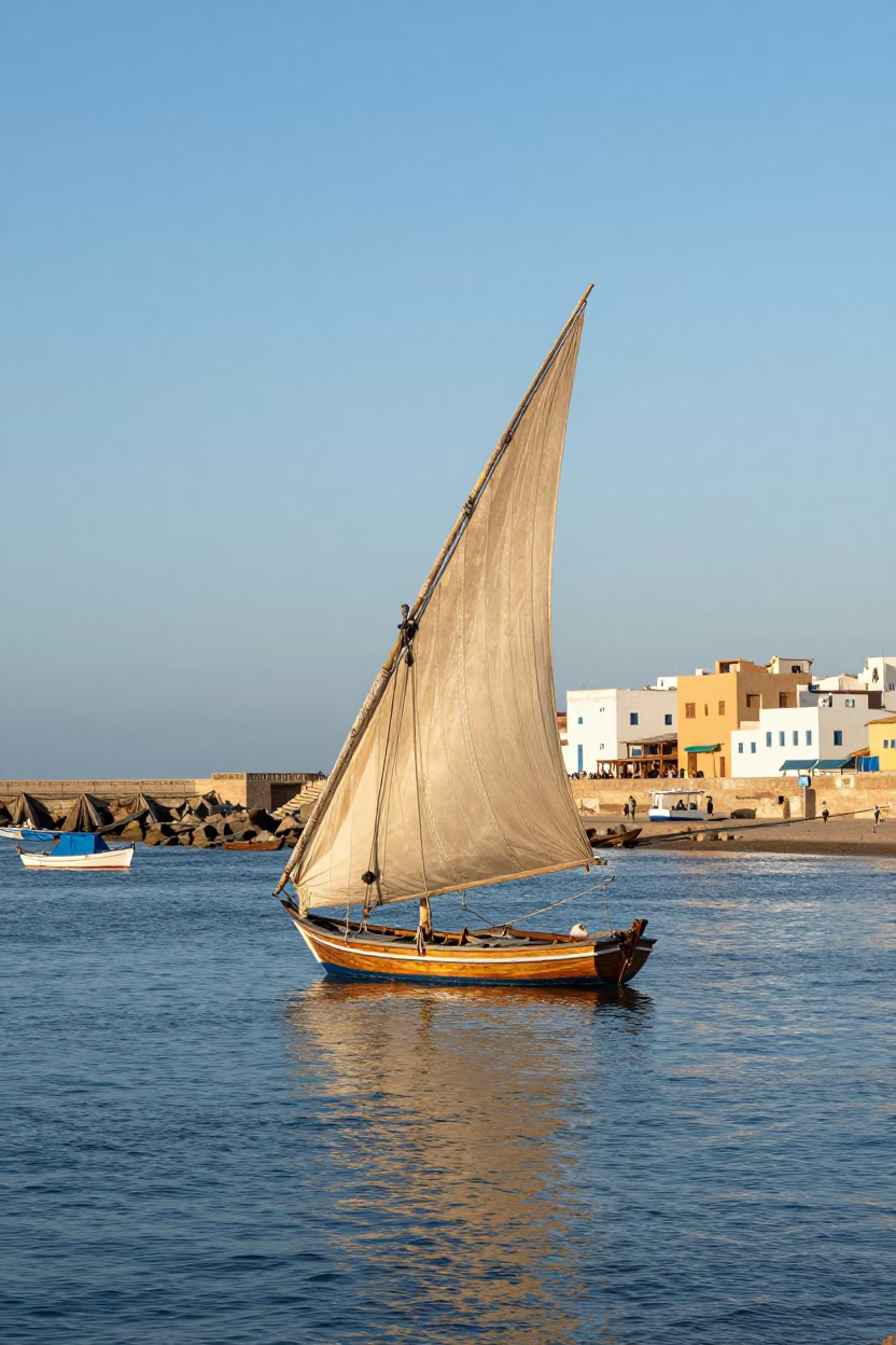 Essaouira Morocco Late Afternoon Coastal Scene with Fishing Boat and Harbor Activity in in Essaouira, Morocco