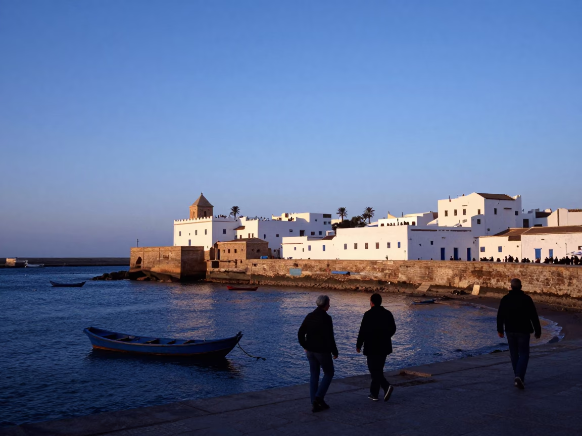 Essaouira Morocco Late Afternoon Harbor Scene with Blue Hour Sky and Traditional Street Life in in Essaouira, Morocco