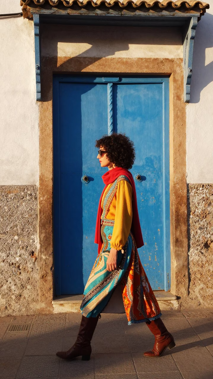 Essaouira Morocco Late Afternoon High Fashion Street Scene with Vintage Canisters in in Essaouira, Morocco