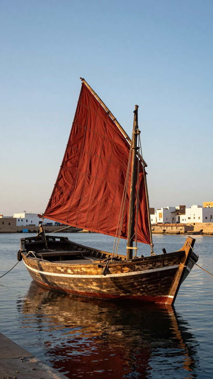 Essaouira Morocco Late Afternoon Junk Boat Anchored in Harbor with Coastal Architecture in in Essaouira, Morocco