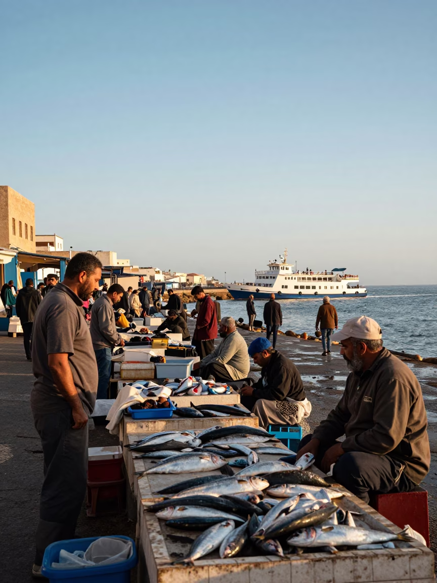 Essaouira Morocco Late Afternoon Street Scene with Catamaran Ferry and Local Life in in Essaouira, Morocco
