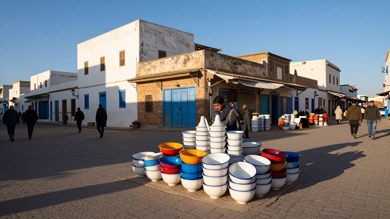 Essaouira Morocco Late Afternoon Street Scene with Colorful Enamel Bowls and Local Market Activity in in Essaouira, Morocco