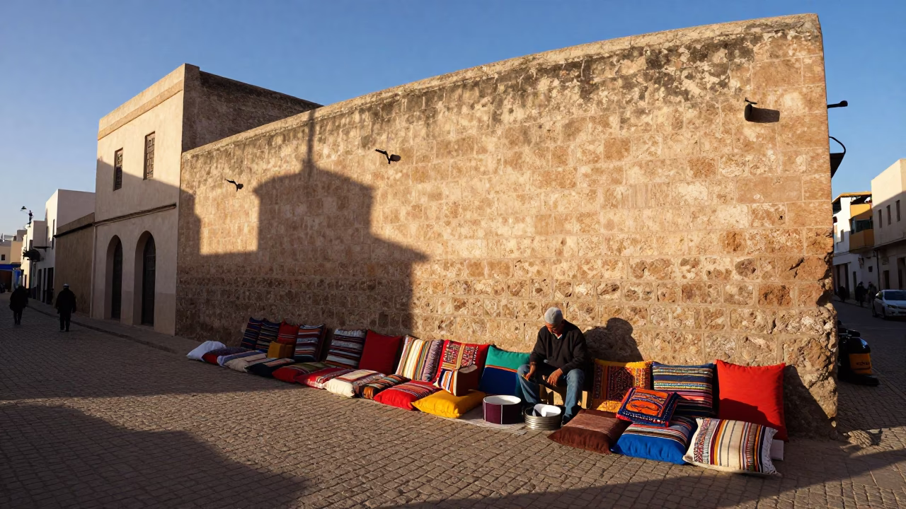 Essaouira Morocco Late Afternoon Street Scene with Local Vendor and Traditional Textiles in in Essaouira, Morocco