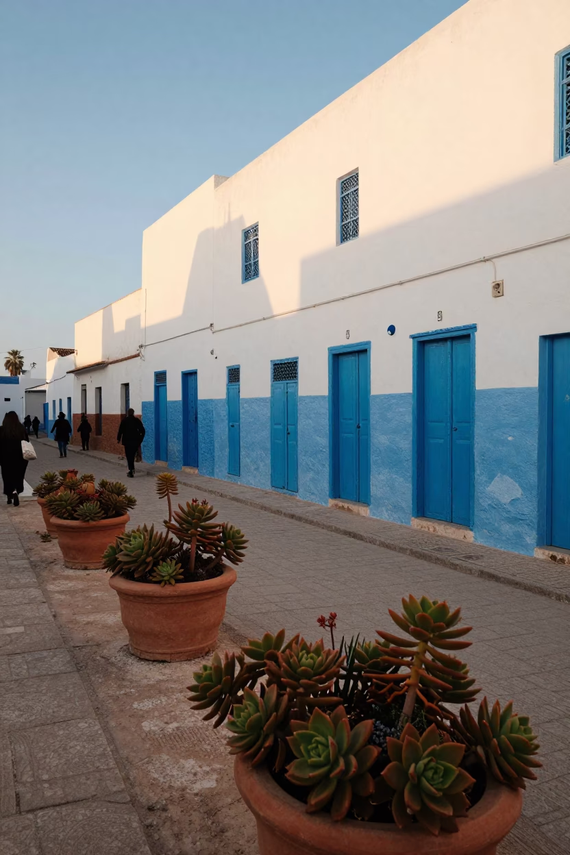 Essaouira Morocco Late Afternoon Street Scene with Terracotta Succulents and Coastal Architecture in in Essaouira, Morocco