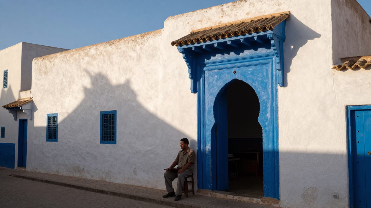 Essaouira Morocco Late Afternoon Street Scene with Traditional Woodwork and Coastal Light in in Essaouira, Morocco