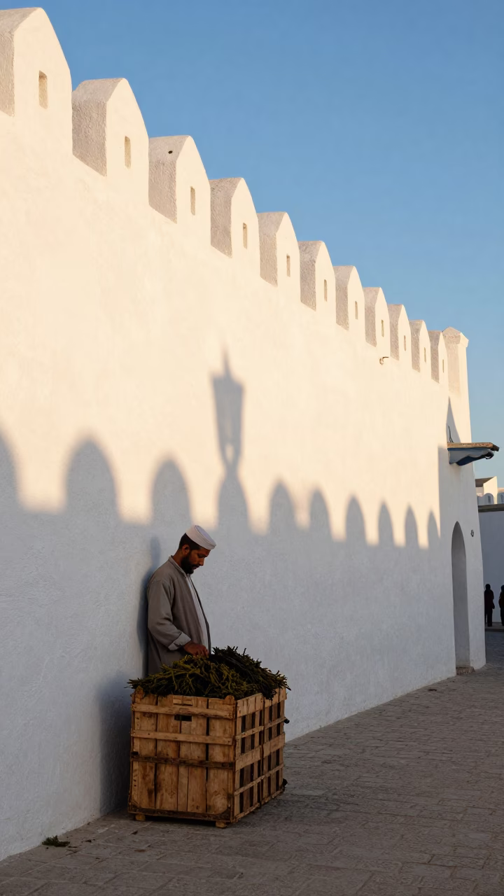 Essaouira Morocco Late Afternoon Street Scene with Wooden Crate and Garden Shears in in Essaouira, Morocco