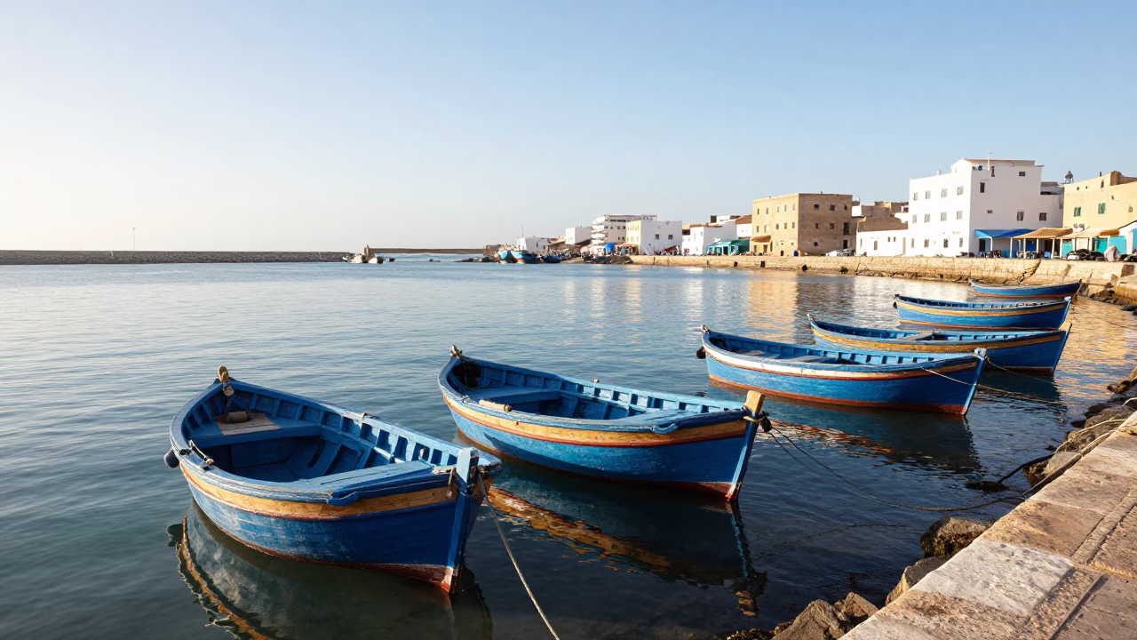 Essaouira Morocco Late Morning Blue Port Fishing Boats and Coastal Highway Scene in in Essaouira, Morocco
