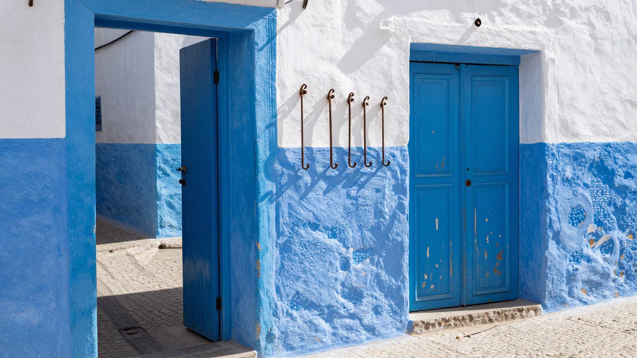Essaouira Morocco Midmorning Street Scene with Weathered Blue Door and Tool Hooks in in Essaouira, Morocco