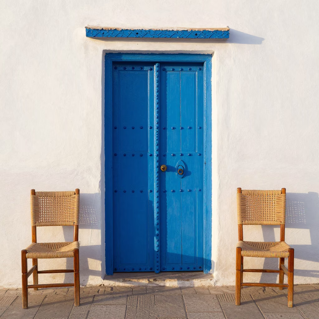 Essaouira Morocco Morning Light Blue Gateway Woven Cane Chair Detail in in Essaouira, Morocco