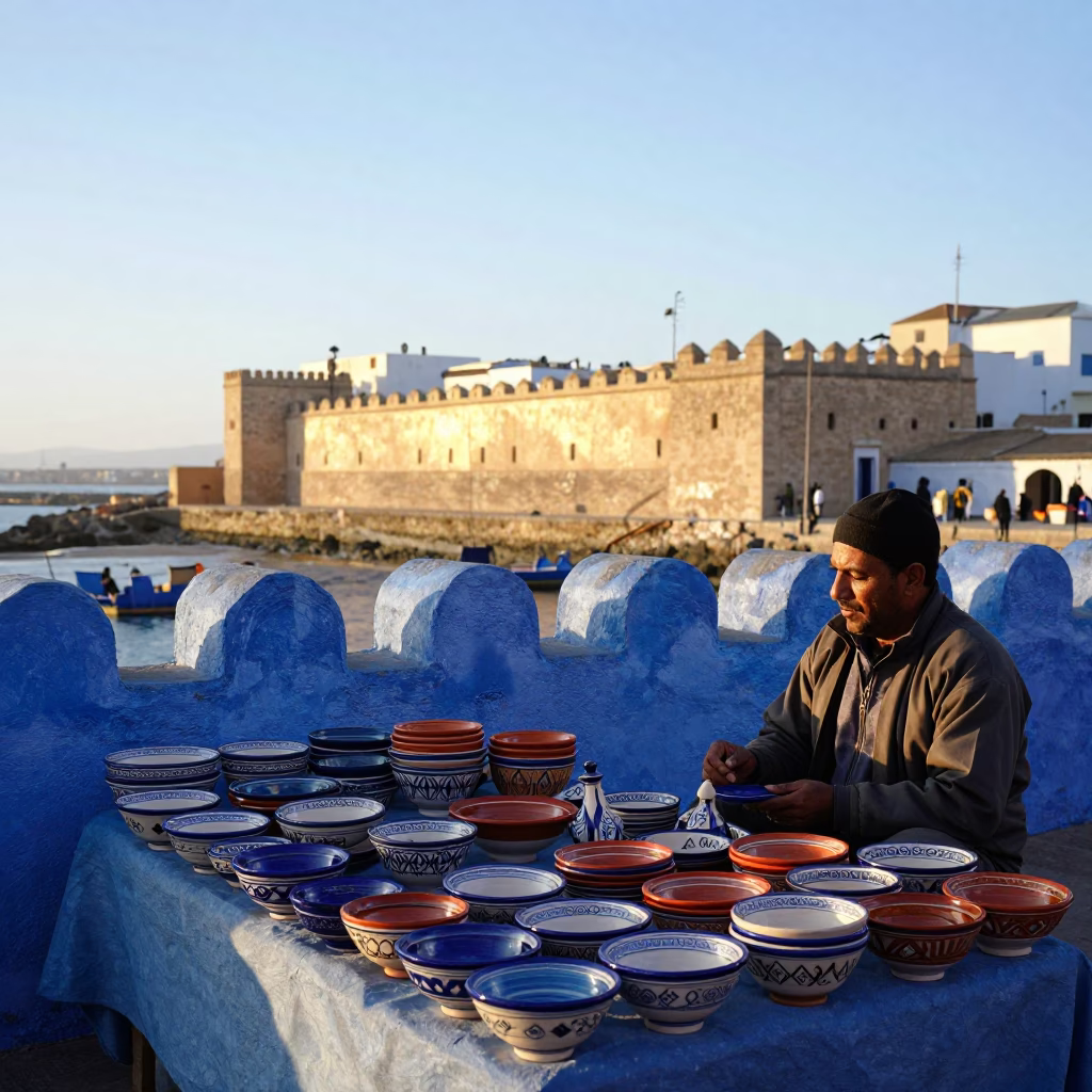 Essaouira Morocco Morning Light on Traditional Pottery and Ceramic Bowls in in Essaouira, Morocco