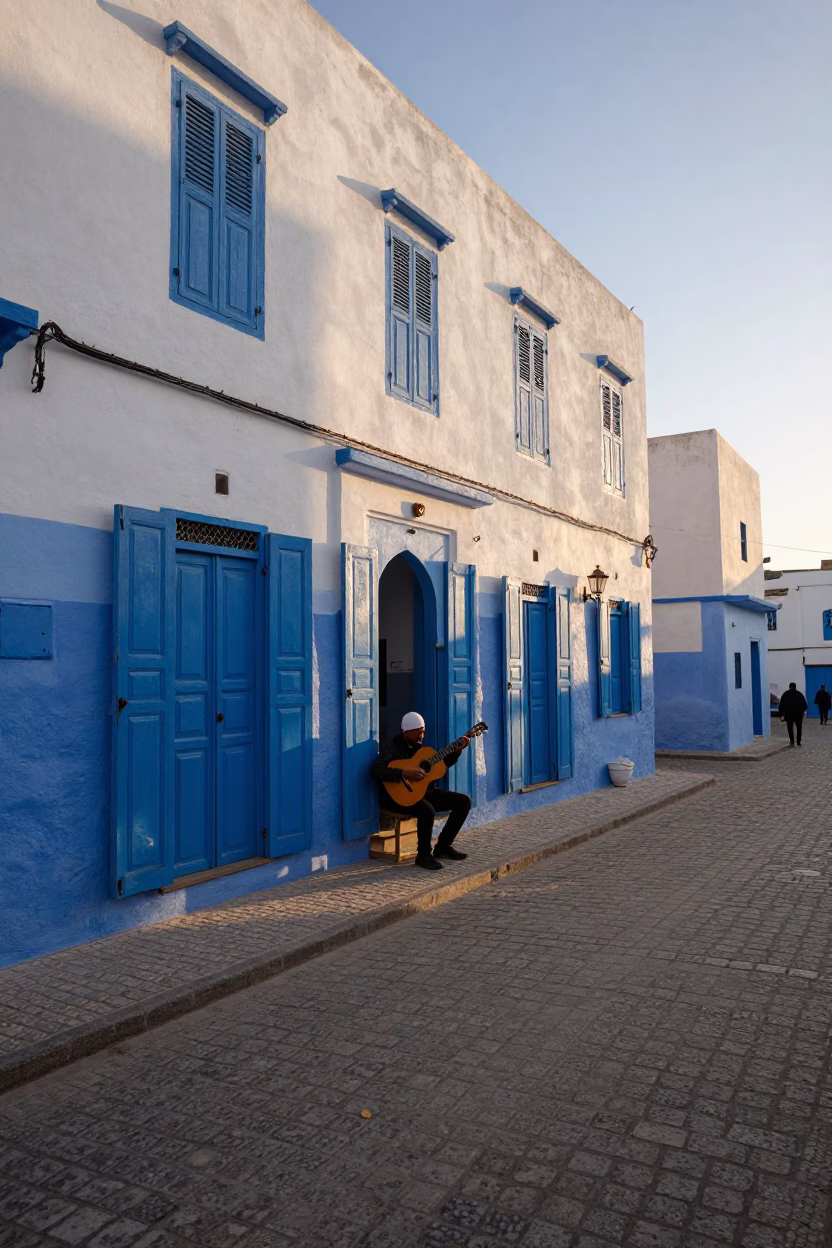 Essaouira Morocco Morning Street Scene with Guitarist and Local Life in in Essaouira, Morocco